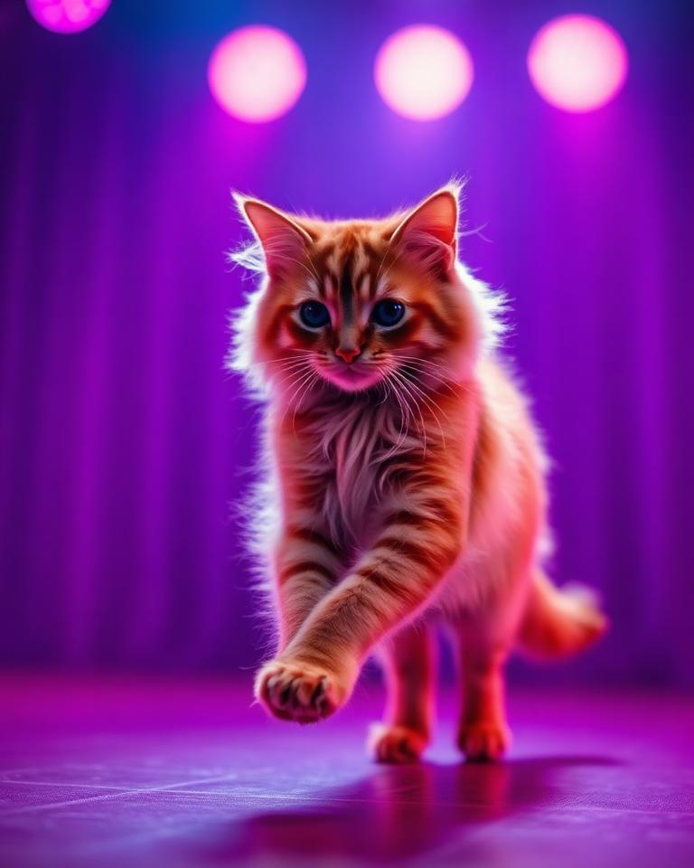 Demo result: the cat animated on a neon stage